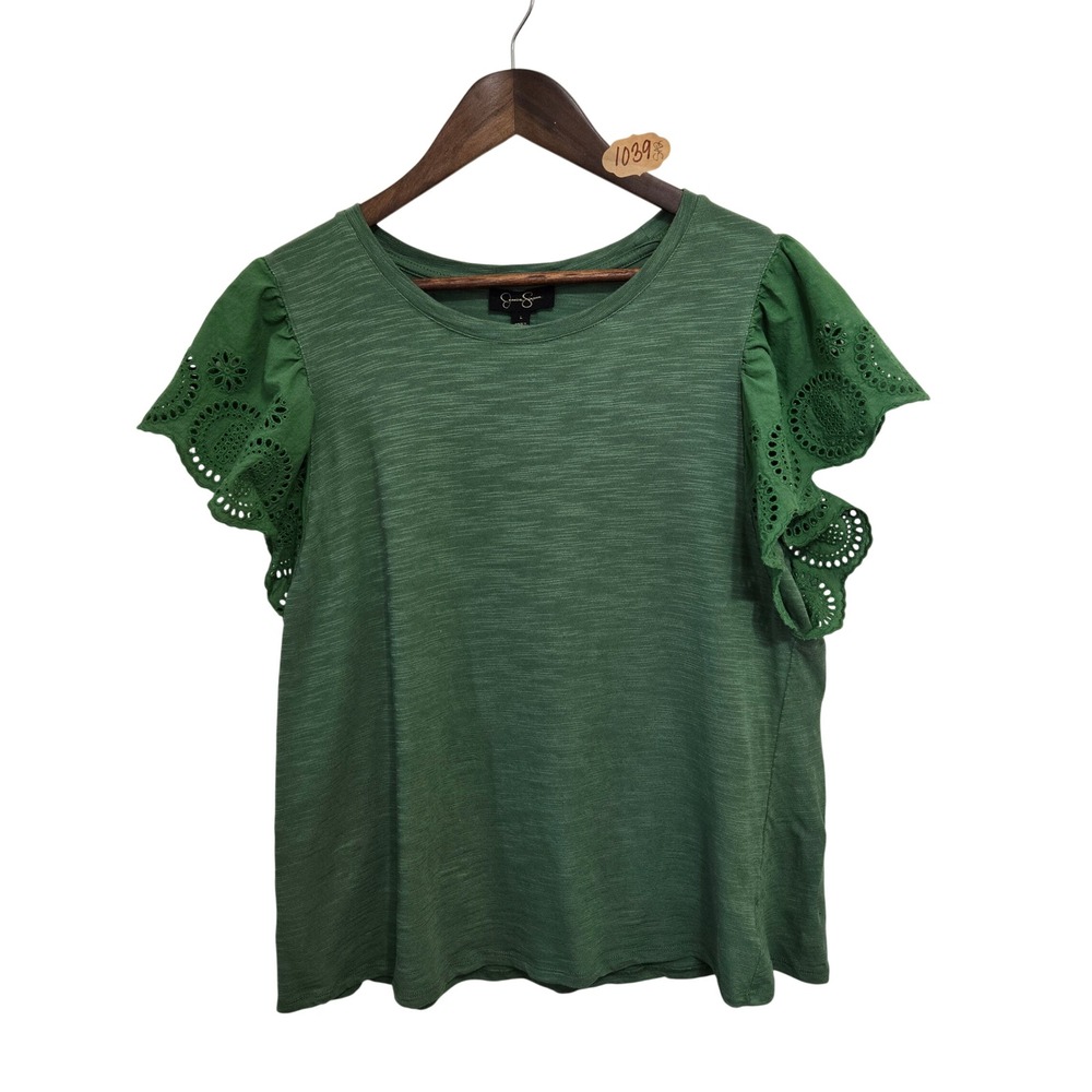 Jessica Simpson Green Cotton Modal Slub Knit Top Eyelet Flutter Sleeve Large